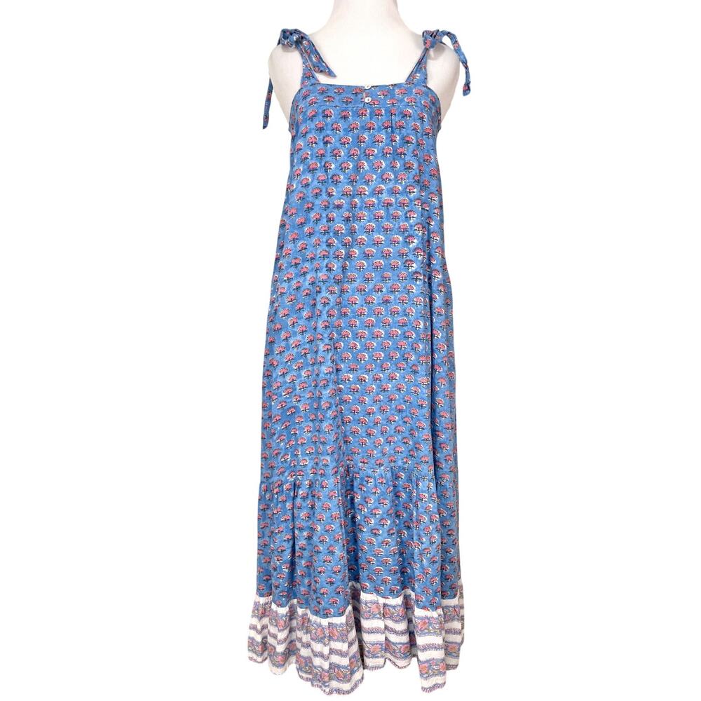 Cleobella Tiered Floral Maxi Dress XS Blue Pink Ruffle Cottagecore Boho Peasant